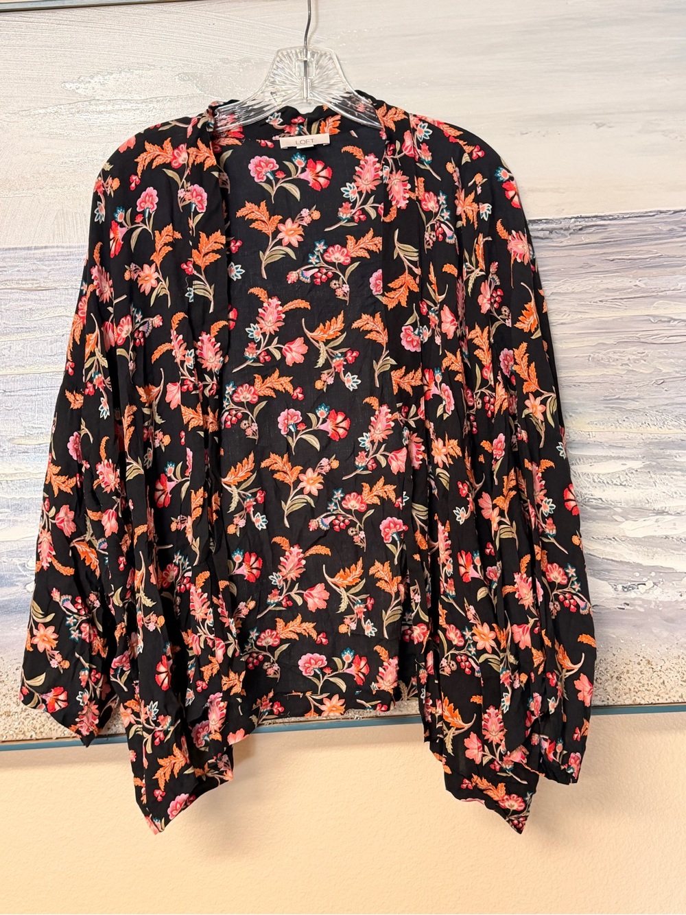 LOFT Women’s Size M/L Black with Multicolored Floral Open-Front Kimono